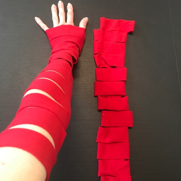 Red Cut Out Gloves Cotton Arm Warmers Apocalypse Steampunk Cyber Goth Bandage